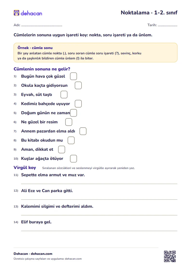 Noktalama işaretleri çalışma kâğıdı 1. ve 2. sınıf: nokta, soru işareti, ünlem, virgül, kesme işareti